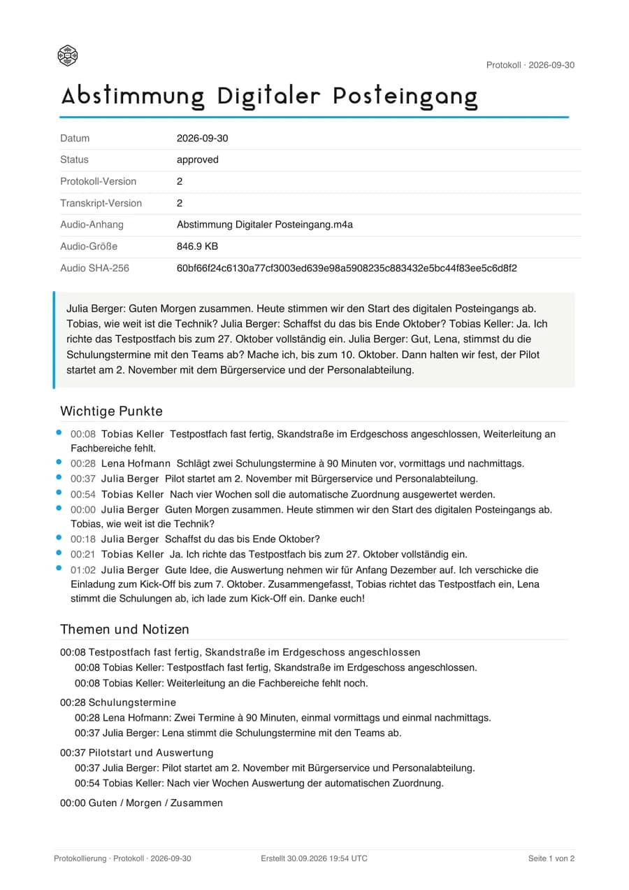 Beispielprotokoll, Seite 1: Kurzfassung und wichtige Punkte mit Zeitmarke