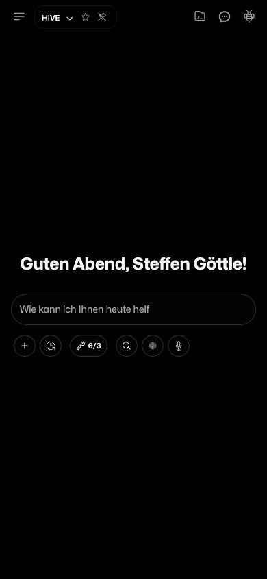 HIVE mobile Startansicht im tiefdunklen Modus