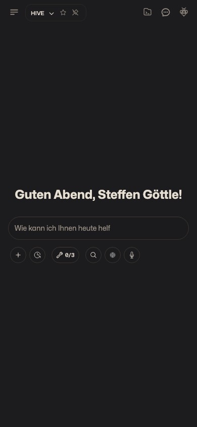 HIVE mobile Startansicht im dunklen Modus
