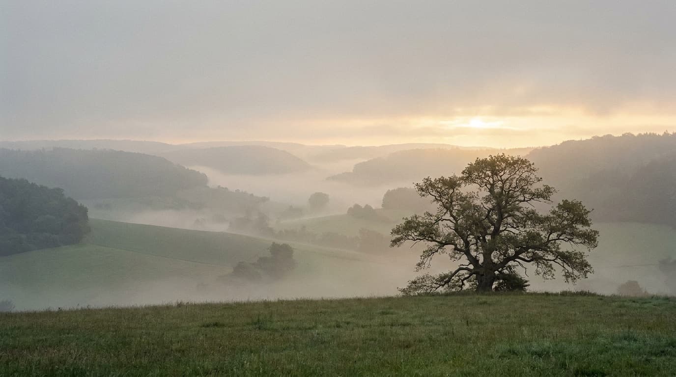 Einzelne alte Eiche im Morgennebel auf der Schwäbischen Alb