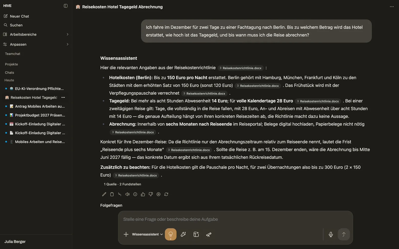 HIVE beantwortet eine Frage zur Reisekostenrichtlinie mit Quellen