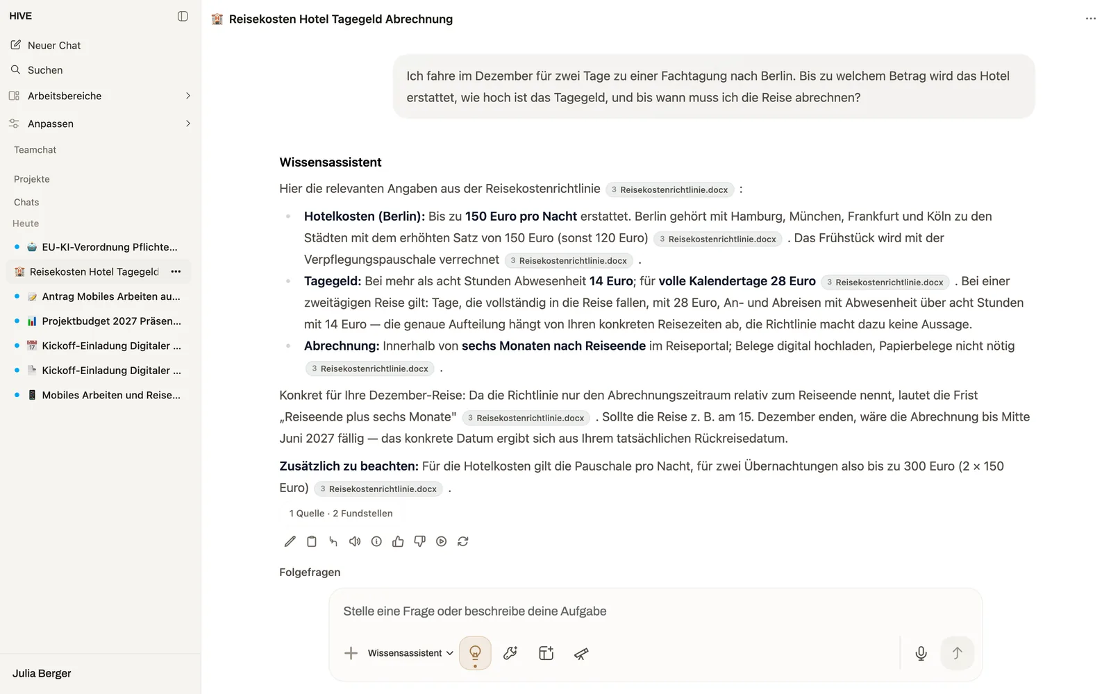 HIVE beantwortet eine Frage zur Reisekostenrichtlinie mit Quellen