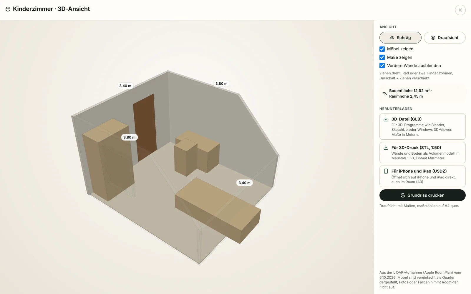 Baumelder: Kinderzimmer im Dachgeschoss in 3D mit Giebelwänden, Schräge, Bett, Schreibtisch und Schrank