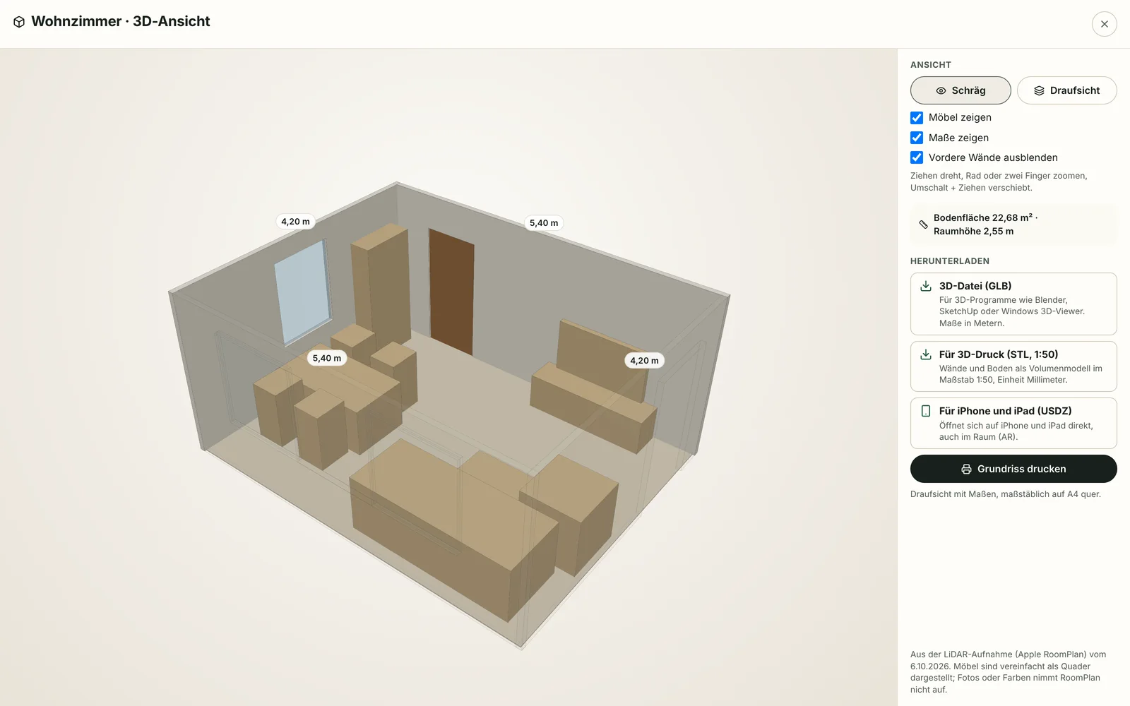 Baumelder Büro: gescanntes Wohnzimmer in 3D mit Tür, Fenstern, Durchgang, Möbeln und Wandmaßen, daneben Ansicht, Herunterladen und Grundriss drucken