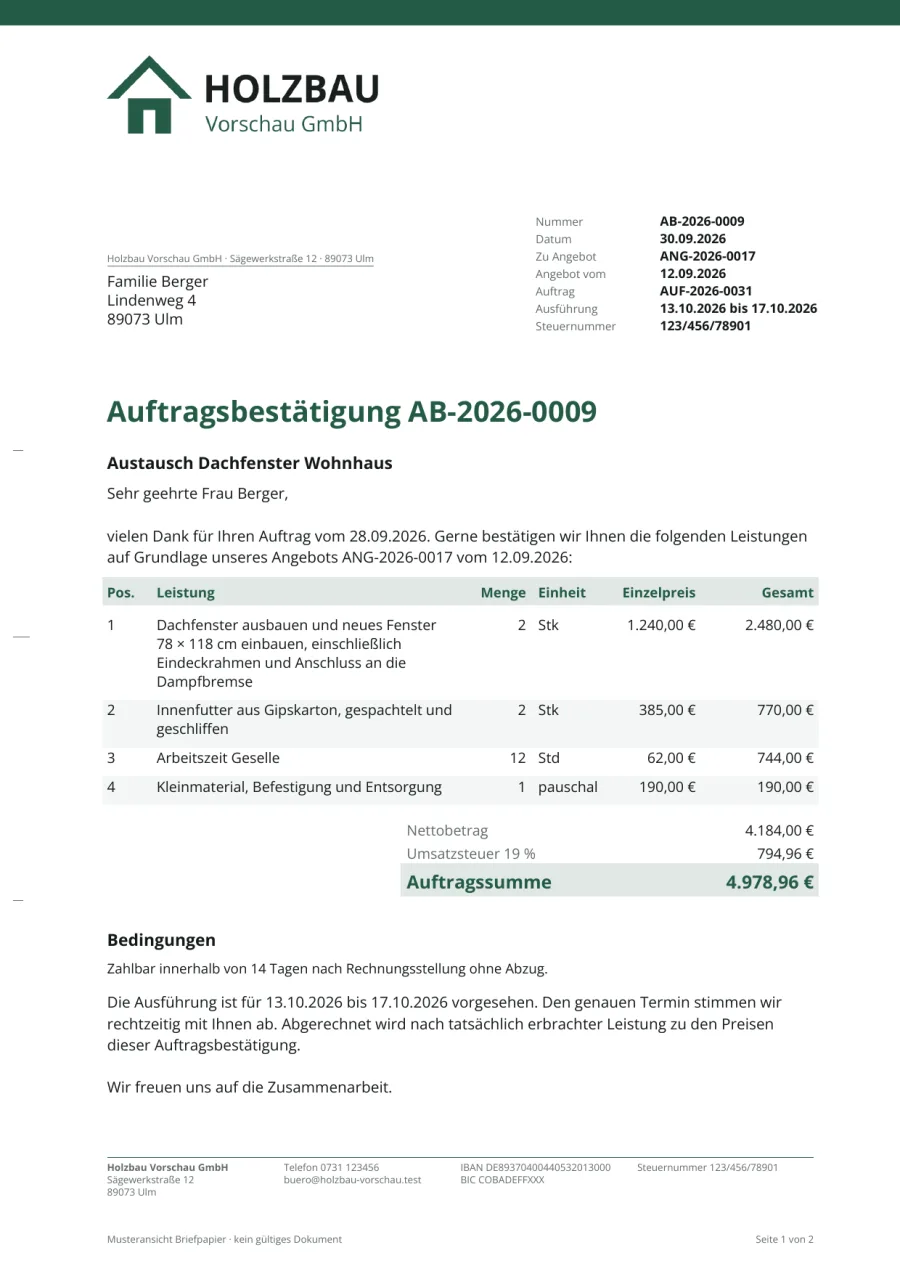 Baumelder: Auftragsbestätigung
