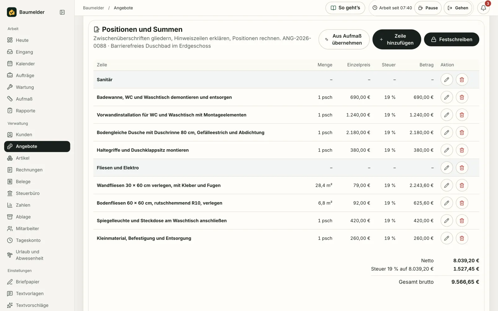 Baumelder Büro: Angebot mit Positionen und Summen
