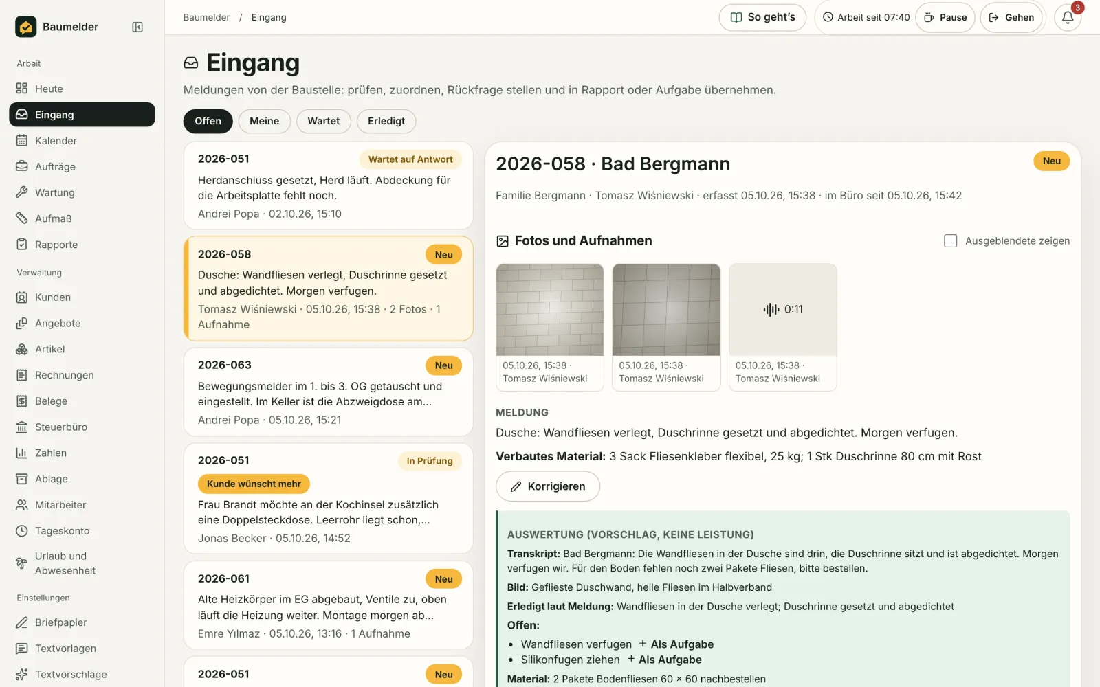 Baumelder Büro: Eingang: Meldungen mit Foto und Sprache