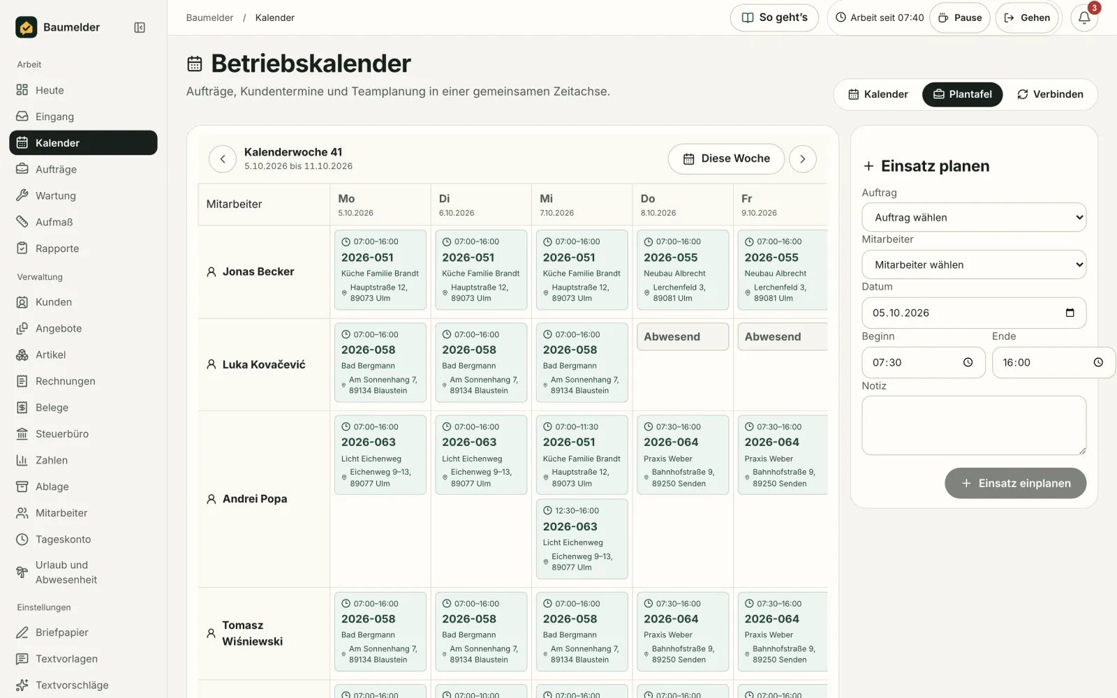 Baumelder Büro: Plantafel für die Woche
