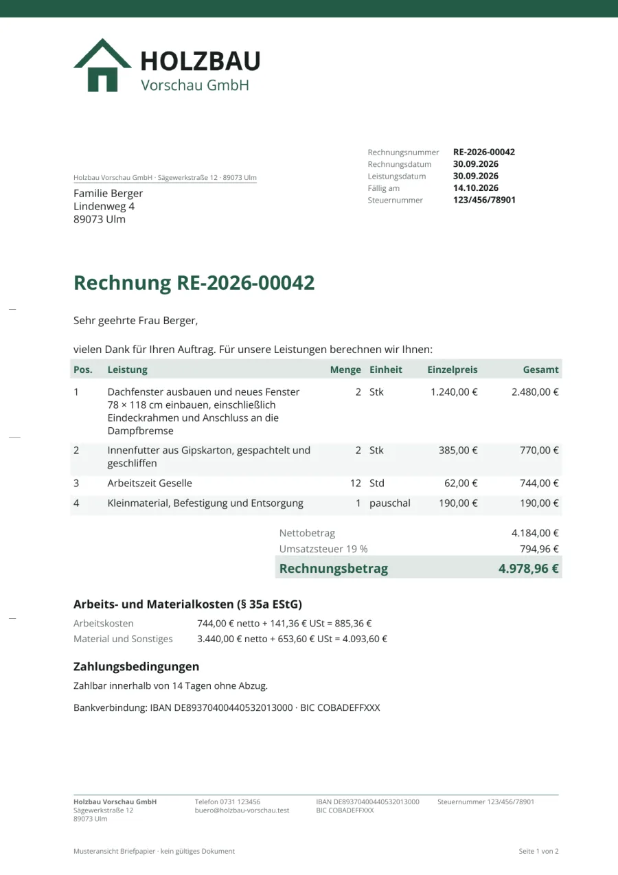 Baumelder: Rechnung