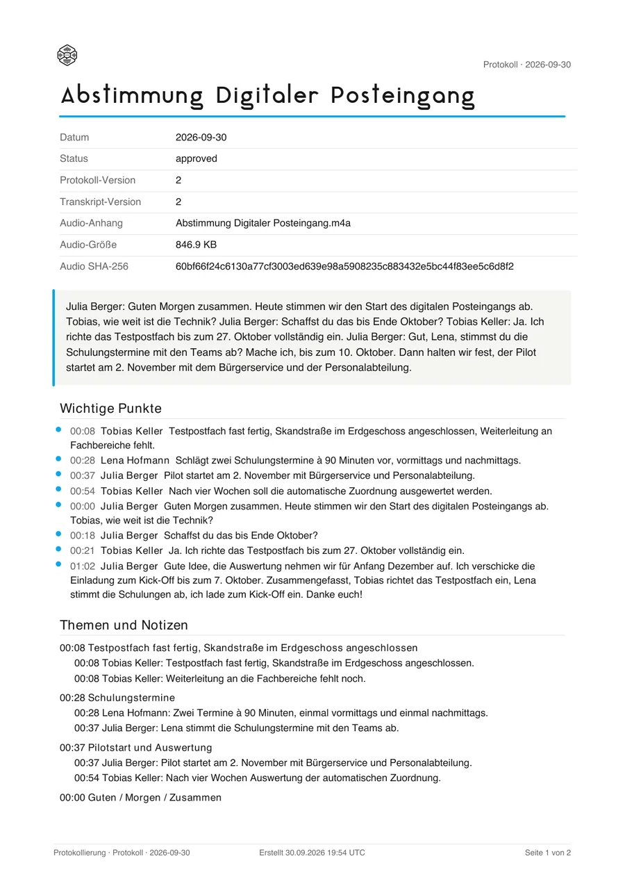 Erste Seite eines Beispielprotokolls aus MinuteMind mit Kurzfassung und wichtigen Punkten mit Zeitmarken