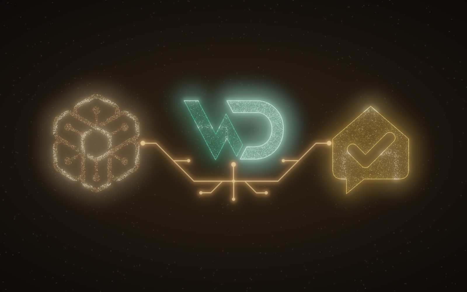 Die Logos von HIVE, WickedDesk und Baumelder aus Lichtpunkten, verbunden durch eine leuchtende Leiterbahn im Stil des OAKMIND-Logos