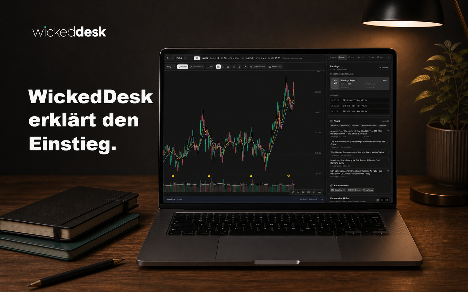 MacBook auf einem Walnuss-Schreibtisch mit echter WickedDesk-Oberfläche
