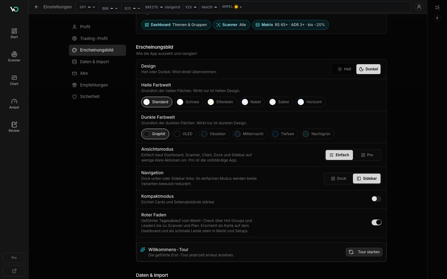 WickedDesk Einstellungen mit Ansichtsmodus Einfach und Pro