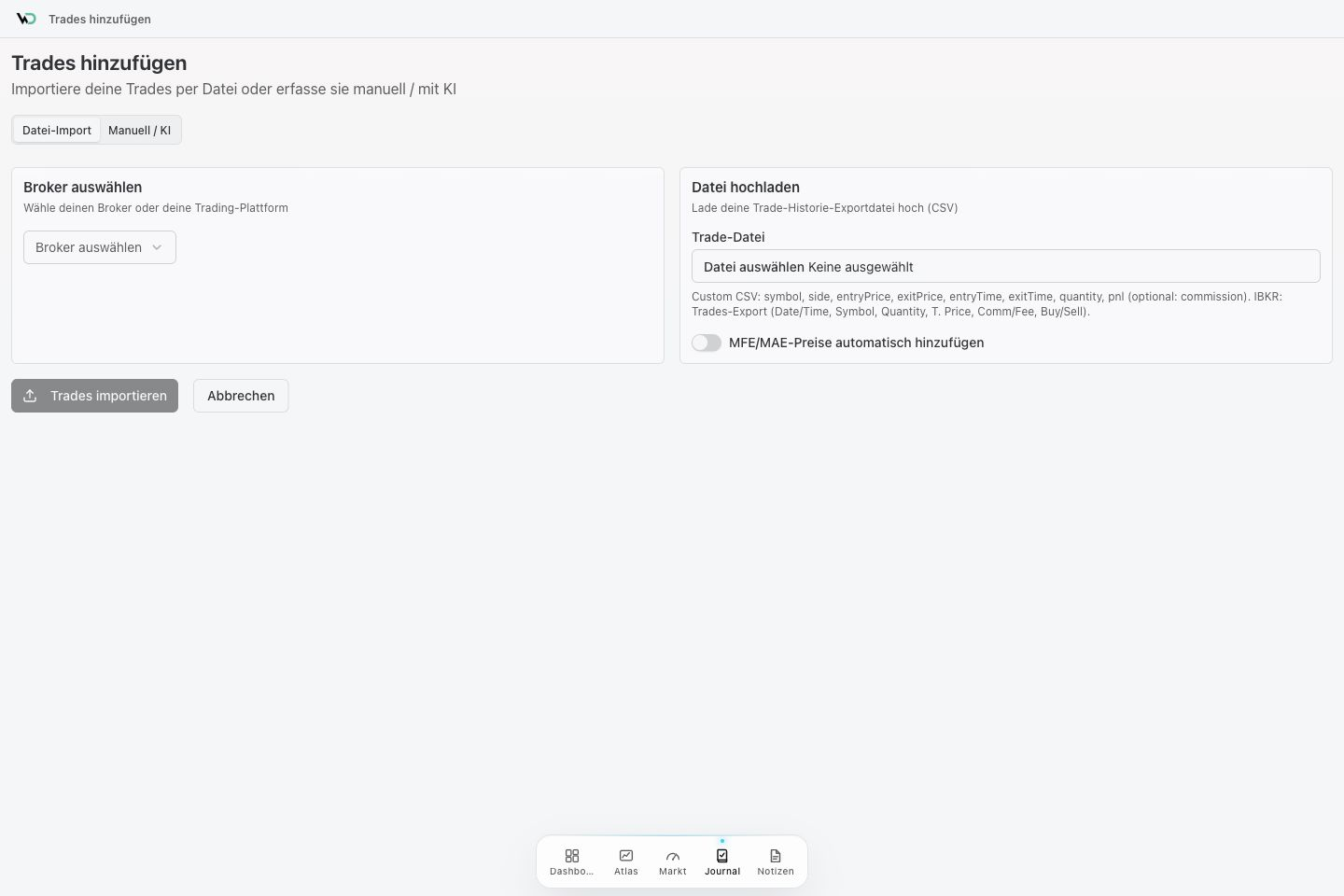 WickedDesk Datei-Import im hellen Design mit Interactive Brokers, CSV-Upload und Trade-Import