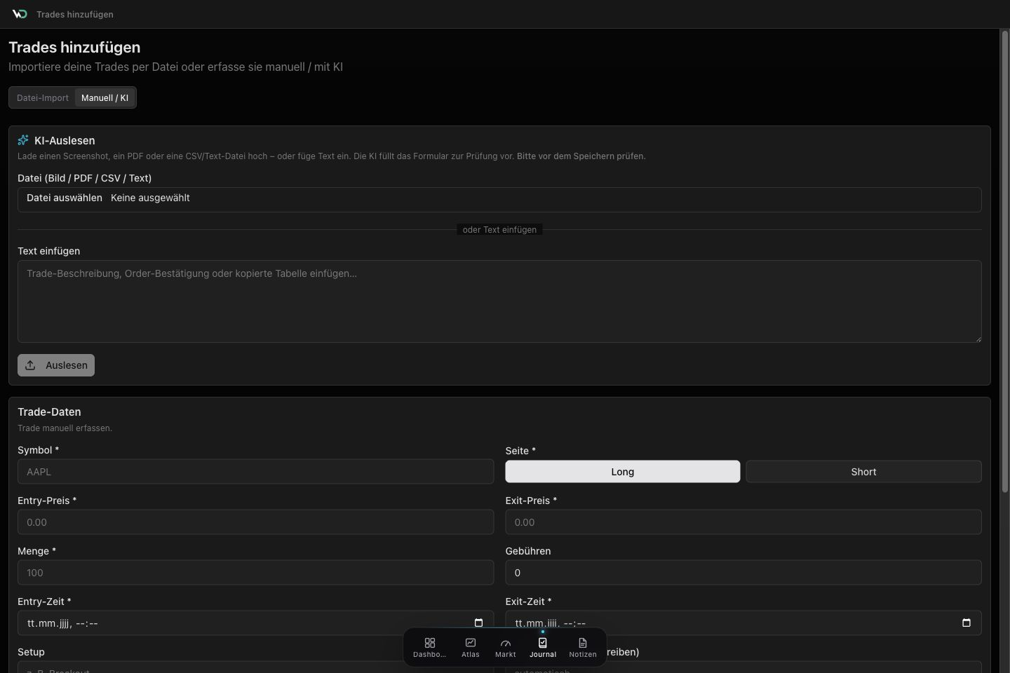 WickedDesk KI-Import im dunklen Design mit Dokument-, Screenshot-, PDF- und Texteingabe