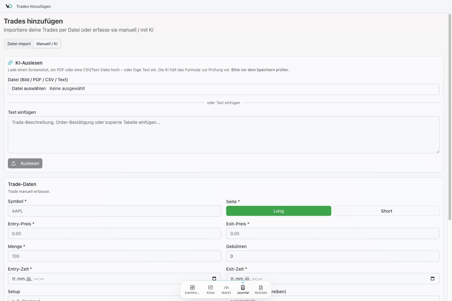 WickedDesk KI-Import im hellen Design mit Dokument-, Screenshot-, PDF- und Texteingabe